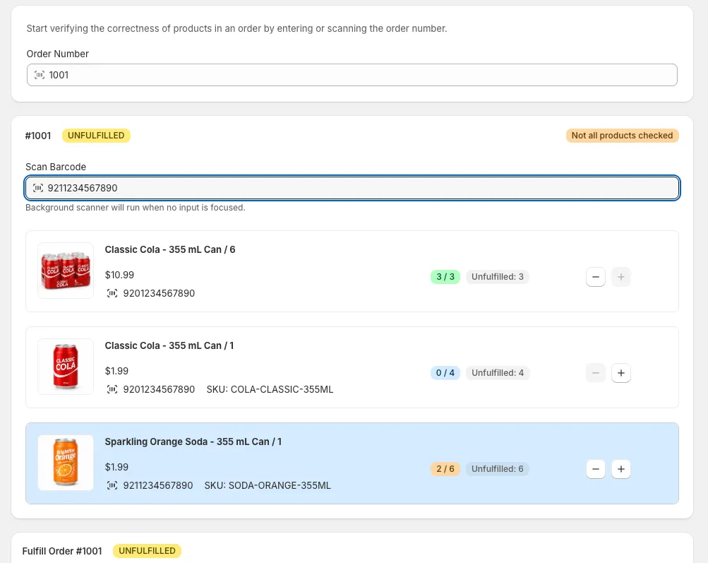 Skanley fulfilling an order: a barcode scan field above a list of matched Shopify products showing prices, barcodes, and fulfillment counts.