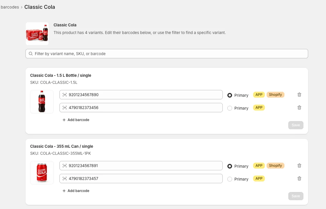 Editing multiple barcodes for a single product variant
