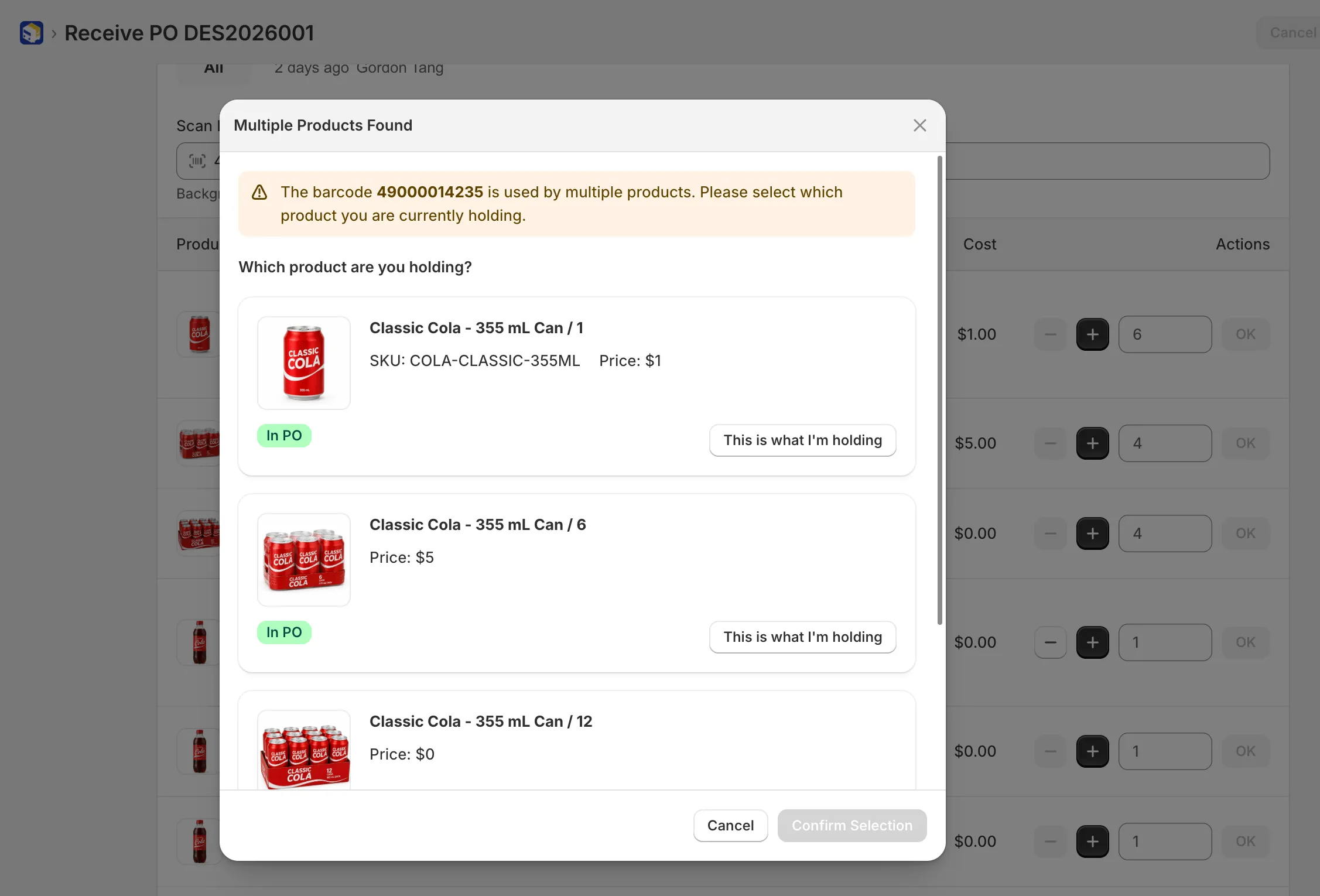 Prompt asking staff to choose which product they are holding when a barcode matches multiple items