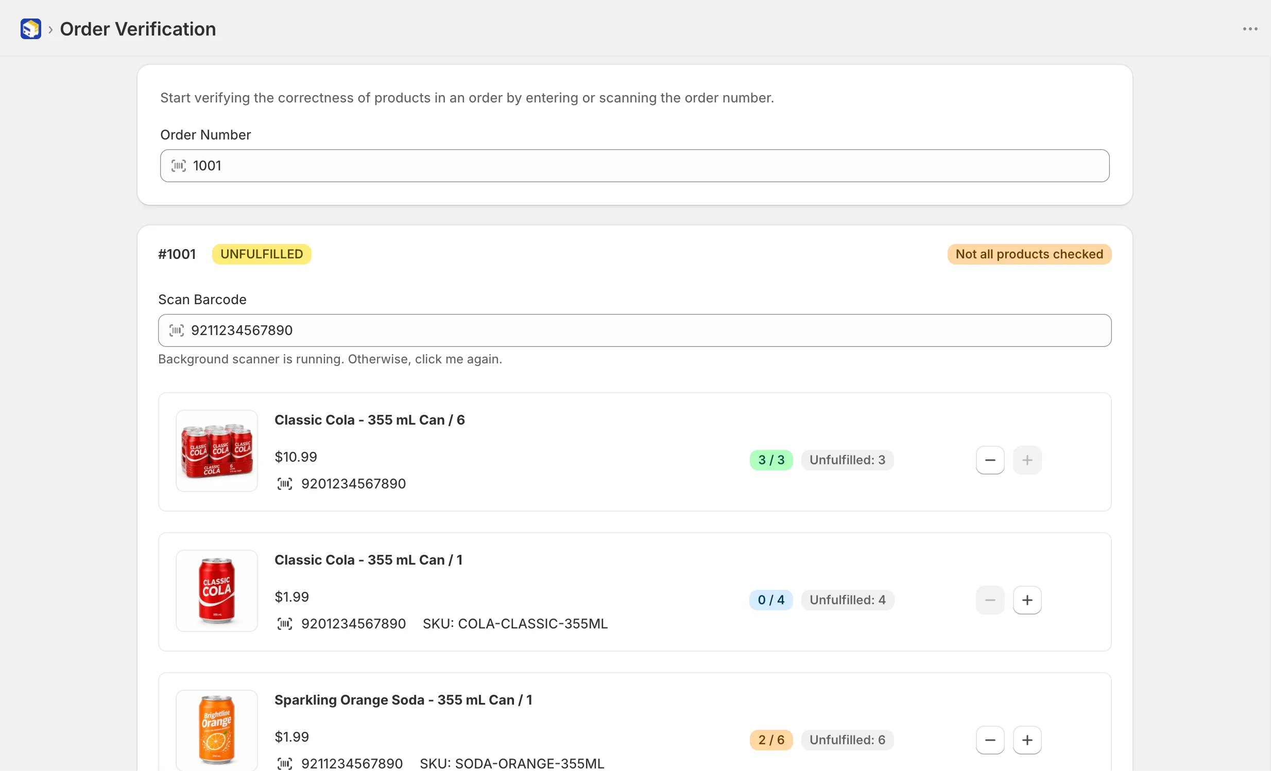 Order verification screen matching scanned barcodes to an order
