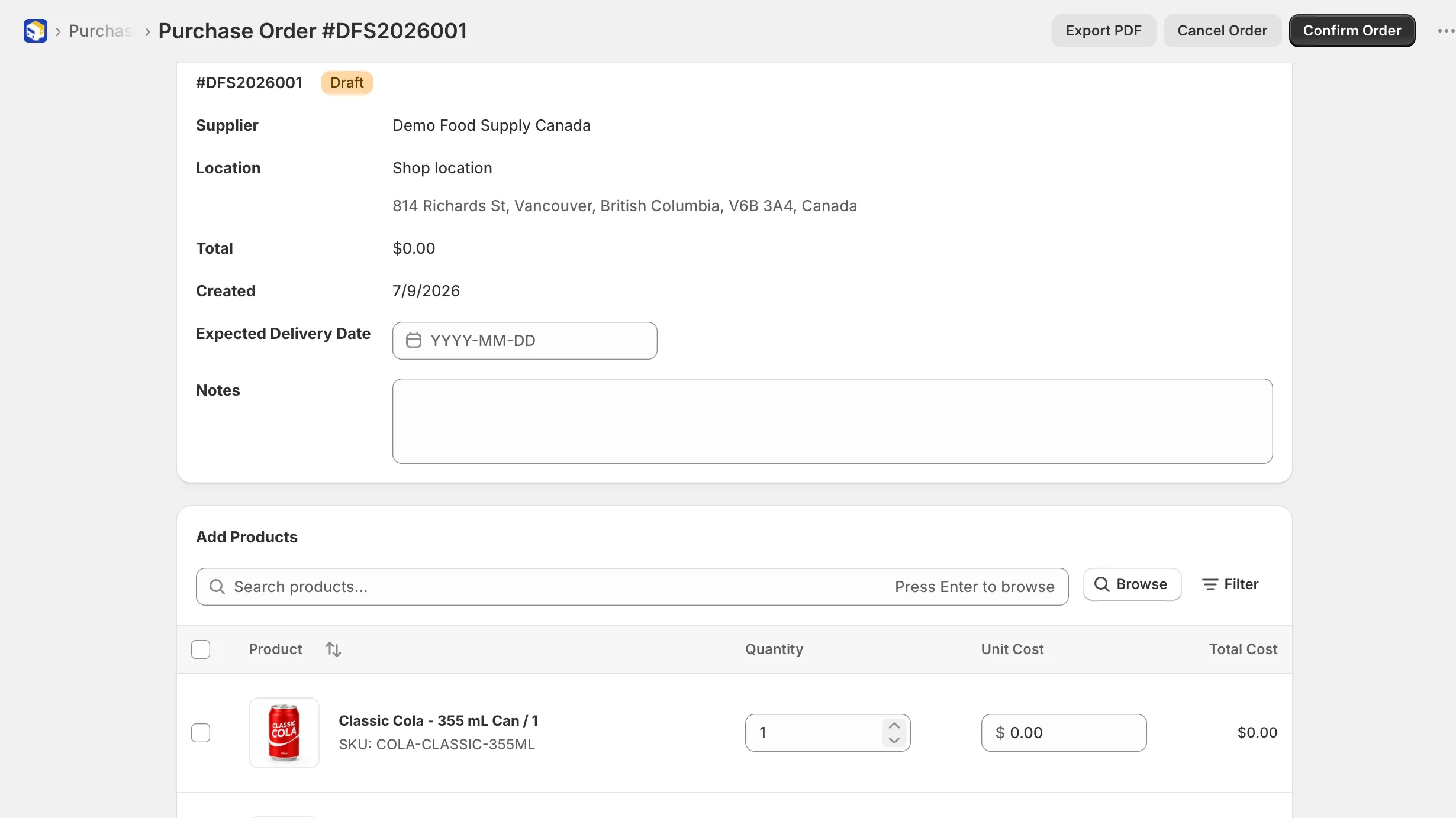 Creating a purchase order with products, quantities, and supplier details
